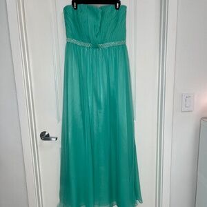 Mikael Aghal Strapless Aqua Chiffon Gown with Beaded Waist – Size 12